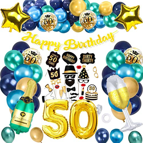 TCJJ 50 Geburtstag MäNner Ballons,Deko 50 Geburtstag Mann, Golden Blau Luftballon 50. Geburtstag Mann, Mit Geburtstagsbanner,Foto Requisiten,Folienballon
