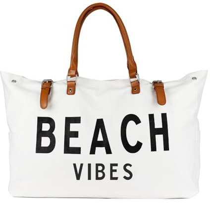 Beach Vibes Bag with Leather Handle, Extra Large Beach Bag for Women Waterproof Sandproof,Beach Vibes