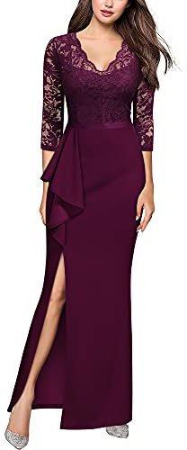 MISSMAY Women's Vintage Floral Lace Ruffle 3/4 Sleeves Evening Party Formal Long Dress (X-Large, Burgundy)