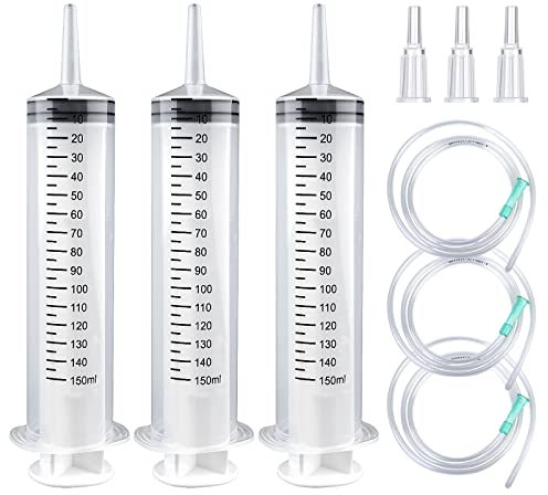 3 Stück Spritze 150ml, Spritze mit Schlauch, Dosierspritze, Ölspritze, Plastikspritzen für Labor, Garten, Tiernahrung, Industrie
