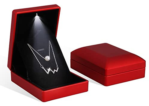 Rolin Roly 2PCS Rot Anhänger Halskette Box mit LED-Licht Quadratform Box Geschenkboxen aus Samtschmuck Necklace Gift Box für Ohrringe Hochzeit Verlobun