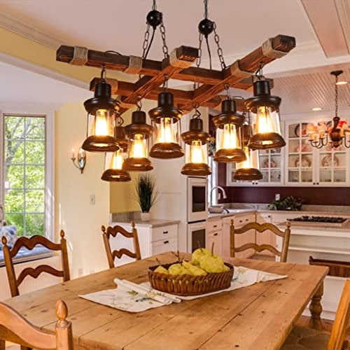 FWX Hängeleuchte Vintage E27 Innenbereich Groß Pendelleuchte Retro Holz Pendellampe Edison Kronleuchter Höhenverstellbar Schwarz Eisen und Glas Lampenschirm für Wohnzimmer Kücheninsel Esszimmer Cafe L
