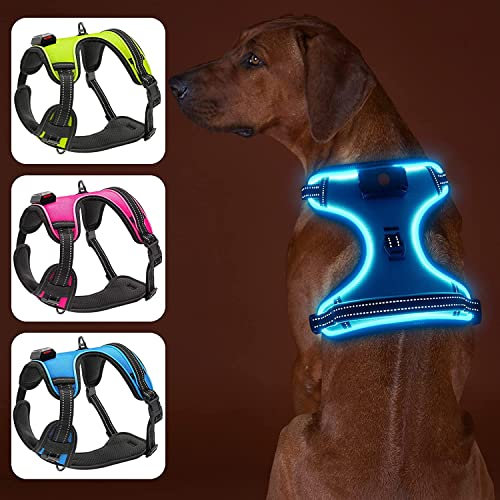 Bpawser Light Up Hundegeschirr LED Hundegeschirr No-Pull mit Griff Wiederaufladbare beleuchtete Hundeweste Geschirr Hundegeschirr für X-Small Small Medium Large X-Large Größe (Blau,S)