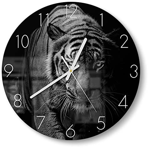 DEQORI Glasuhr | rund Ø 30 cm | Motiv Tiger auf der Pirsch | ausgefallene leise Design Uhr aus Glas | Wanduhr für Wohnzimmer & Küche | Moderne Hingucker Uhr für die Wand
