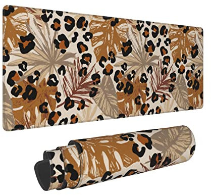 Großes Gaming-Mauspad, erweiterte abstrakte tropische Blätter, Grunge, Leoparden-Camouflage-Mauspad, niedlich, groß, lang, genähte Schreibtischmatte für Laptop, Frauen und Büro, 80x20 cm