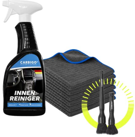 Carbigo® Premium Innenraum Bundle – 6X 380 GSM Mikrofasertücher, 1x pH-neutraler Innenraumspray (500ml) & 2er Set weicher Pinsel – Tiefenreinigung für Polster, Leder, Kunststoff – Made in Germany