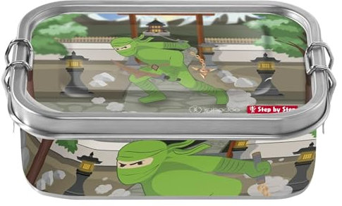 Step by Step Edelstahllunchbox Ninja Kimo, grün-grau, mit Trennwand und Klickverschluss, für Schule und Kindergarten, 0,8L