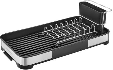 SONGMICS Égouttoir Vaisselle, Séchoir à Vaisselle, en Acier Inoxydable avec Égouttoir, Porte-ustensiles, Antirouille, pour Couteaux, Cuillères, Argenté et Noir KCS034B01