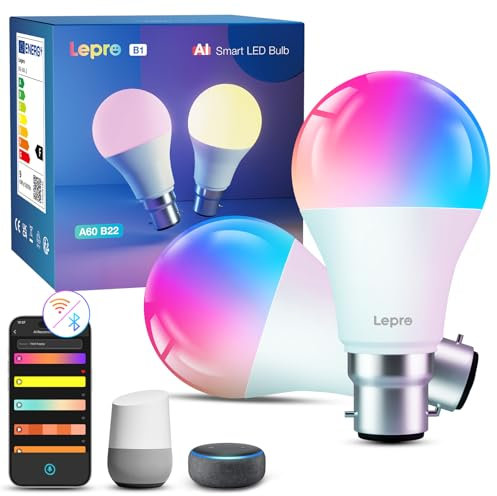 Lepro B1 AI Smart Bulb Bayonet, Music Sync B22 WiFi Bulbs, Voice Control, AI Lighting Design Assistant, Dimmable, Bluetooth Colour Changing Light Bulb, Work with Alexa & Google Assistant, 2 Packs