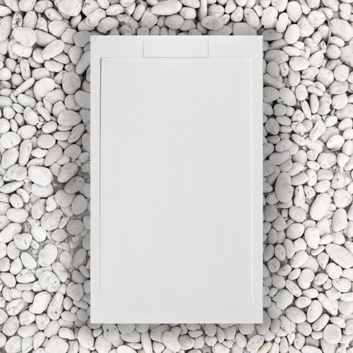 Plato de ducha 150 x 80 cm blanco volcán Line Slim de resina y polvo de mármol con rejilla lateral de mármol