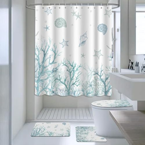 AIBIIN Starfish Shells Shower Curtain Sets 4 Piece Teal Blue Ocean Beach Coastal with Non-Slip Rugs Toilet Lid Cover and Bath Mat Sea Coral Bath Curtains for Bathroom Decor with 12 Hooks