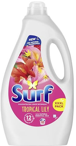 Surf Tropical Lily Laundry Washing Liquid with a joy-infused fragrance with natural essential oils lasting up to 12 hours in wear Detergent for brilliantly clean results 400 washes (4x 2.7 L)