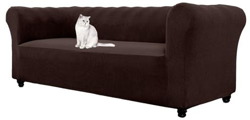HonunGron Stretch Chesterfield Sofa Überzug 1 2 3 Sitzer, Elasthan Jacquard Couch Überzug, Sofaschutz rutschfest Sofaüberwurf Waschbare Sofabezug für Gebogene Sofa Sessel (Braun,3 Sitzer)