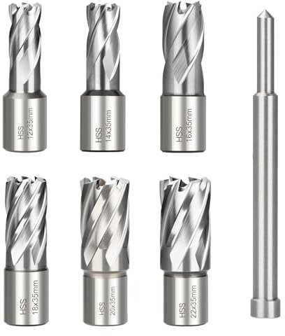 BALUGAEA Lot de 7 forets à carotter HSS Weldon, avec tige Weldon de 19 mm, diamètre de coupe : 12, 14, 16, 18, 20, 22 mm, profondeur de coupe : 35 mm avec goupille d'éjection