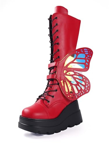 Gothniero Chunky Platform Red Rave Boots Knee High Goth Boot for Women with Butterfly wings Cosplay Motorcycle Gothic emo Booties Size 3UK-8UK