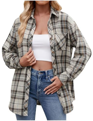 Veste Chemise a Carreaux pour Femme Chemise Décontracté Oversized Chemisier Blouse à Manches Longues Bûcheron Manteau avec Bouton Chemise à Carreaux en Flanelle Manches Longues Jacket Pas Cher