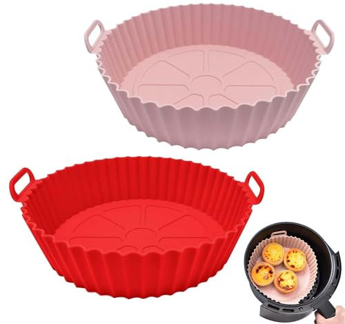 XoeLLe Pack of 2 Silicone Mould for Hot Air Fryer, Air Fryer Liners, Silicone Pot Liners, Baking Paper, Round Basket, Reusable Silicone Insert for Hot Air Fryer, Accessories for Oven, Microwave (Pink,