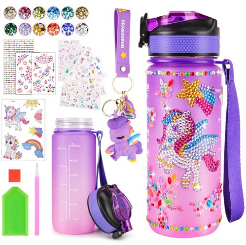 HGRGHH Einhorn Geschenke für Mädchen 4 5 6 7 8 9 10 Jahre, DIY Trinkflasche Bastelset, Trinkflasche Schule Mädchen Wasserflasche Bastelset Diamond Painting für Kinder ab 5-12 Jahre Geburtstag, Violett
