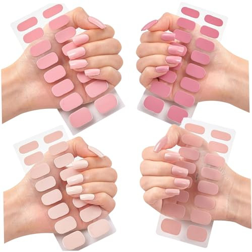 4 Sheets Gel Nail Stickers 4 Colors Simple Style Gel Nail Strips Semi Cured Gel Nail Strips UV Light Required Full Gel Nail Wraps Safe Nail Art Stickers (No UV Light) Nail Tips