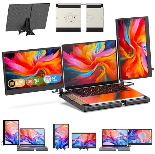 SMISEACOW Écran Portable pour Laptop–Rotation à 360° F3 Moniteur Portable Triple, Horizontal et Vertical, avec Support, 14 Pouces IPS FHD 1080P, Compatible avec PS5,Windows/Mac et PC Portable/Mini PC