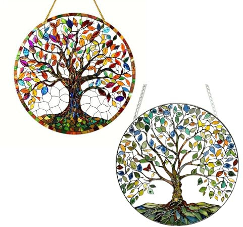 Baum des Lebens, Acryl-Fensterdekoration, gebeizte Paneele, Dekoration, Wandkunst, Heimdekoration, Fenster-Hängeornament für Zuhause, Veranda, Innen- und Außenbereich, 2 Stück
