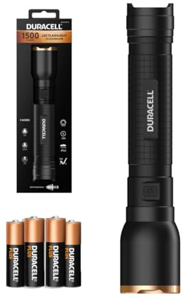 Duracell LED Taschenlampe DF1500 Core – 1500 Lumen, fokussierbar, 180 m Leuchtweite, Outdoor & Werkstatt, 4xAA Batterien inkl., verschiedene Lichtmodi, spritzwassergeschützt, robustes Aluminiumgehäuse