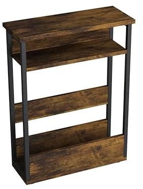 URBNLIVING Modern 3-Tier Rustic Brown Slim Coffee Side Table with Storage, Newspaper Magazine Shelf Rack, Skinny Compact Nightstand, Space-Saving Bedside Sofa End Desk for Small Spaces