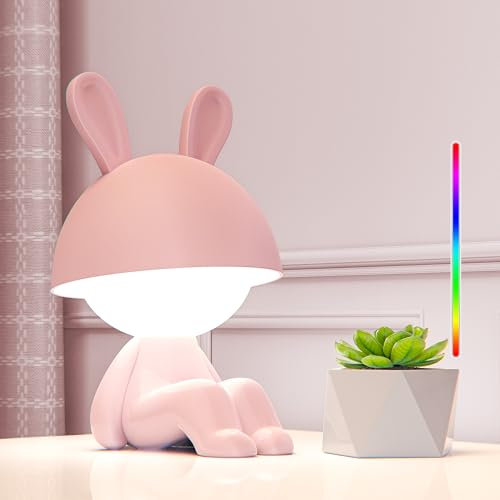 FemKey Nachtlicht Kinder, LED Nachttischlampe Touch Kinder 7 modi RGB Farbwechsel & Warmes Licht, Tischlampe Aufladbar Dimmbar Typ-C, Nachtlampe Kinderzimmer Rosa Hase für Mädchen