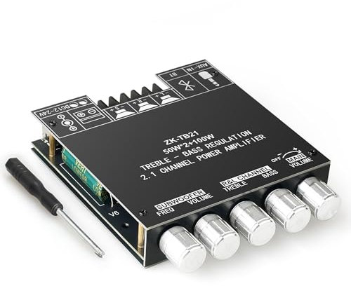 ZK-TB21 Power Amplifier Board Bluetooth5.1 TPA3116 Chip with Subwoofer 2.1 Channel 50W×2+100W, DC 12-24V Bluetooth and AUX Inputs