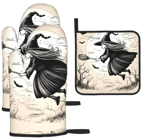 Ensemble de gants de cuisine et maniques avec imprimé sorcière volante pour Halloween, résistant à la chaleur et imperméable