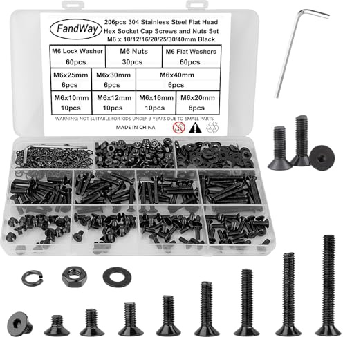 FandWay M6 Schrauben Set,206 Stück Senkkopfschrauben mit Innensechskant,Flachkopf Gewindeschrauben,Sechskantschrauben Edelstahl 304 Schwarz Epoxid,Maschinenschrauben Muttern und Unterlegscheiben Set.