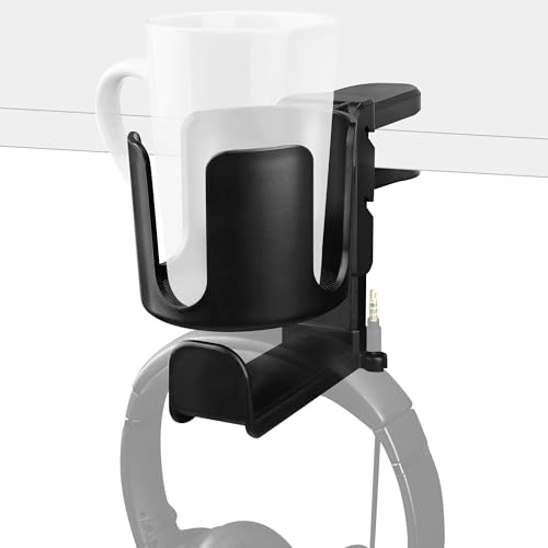GEEKRIA 2 in 1 Headphone Hanger&Desk Cup Holder, Under Desk Clamp Rotatable Headset Compatible with Sennheiser, Bose, Beats, Razer, HyperX, Sony, Suitable for Coffee Mugs, Water Cups (Black)