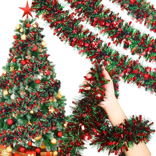 YINZZTRY Weihnachtsbaum Lametta Girlande, 10M Metallische Girlanden Weihnachten, Glänzend Lametta Girlanden, Weihnachtsdeko Girlande, für Türen Kamine Treppengeländer, Grün + Rot