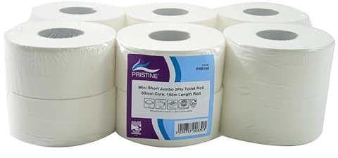 Pristine Mini Jumbo White Toilet Tissue, 2-Ply, 60mm Core, 150m Length, Soft to Touch 100 Percent Recycled Pulp Tissue, CHSA and FSC Accredited, UK Made (Case of 12 Rolls)