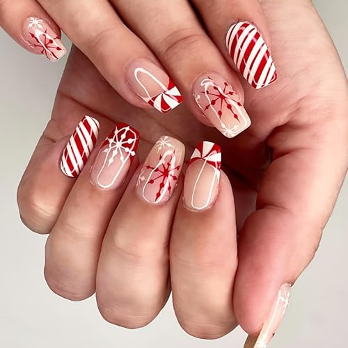 24 Pieces Christmas False Nails - Christmas Press on Nails - Red Stripes Snowflake Fake Nails with Glue - Square Glue on Nails French Tip - Glossy Full Cover Acrylic Nails for Women in 12 Sizes