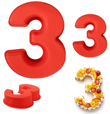 JEKUGOT 10 Inch Silicone Number Cake Mould, 3D Number 3 Cake Tin, DIY Baking Cakes Form for Birthday, Baking, Anniversary, Wedding