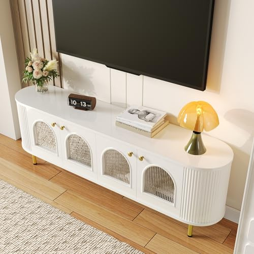 kozamas Meuble TV bas blanc de 170 cm avec portes en verre et poignées/pieds dorés. Meuble TV moderne avec structure ondulée et espace de rangement
