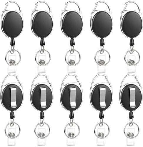 10 Stück Ausweishalter Mit Schlüsselring, Einziehbar 65 Cm, Schwarz | Flaches Ovales Design, Kohlenstoffstahlfeder, Stabiler Clip, Für Id-Karten, Namensschilder Und Schlüssel