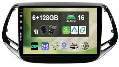 KEC 10.1 [6G+128G] Android 16 Radio Coche para Jeep Compass 2 MP 2016-2019 con Carplay|Android Auto|DSP|Mirror Link-GPS Navi Navegador Radio con Bluetooth 5.0/WiFi/4G/FM/360 AHD Cámara