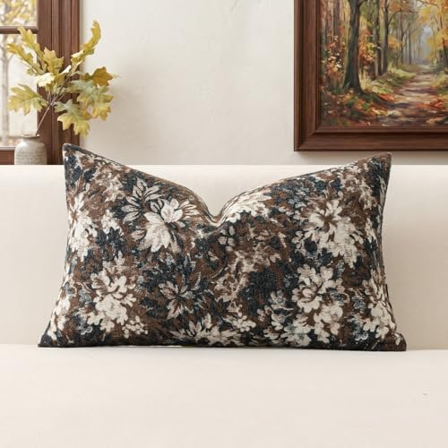 Artscope 1er Set Vintage-Design Blumen Kissenbezug 30x50cm, Weicher Chenille Kissenhülle Zierkissenbezug Sofakissen Dekokissen für Sofa Schlafzimmer Wohnzimmer, Kaffee Braun
