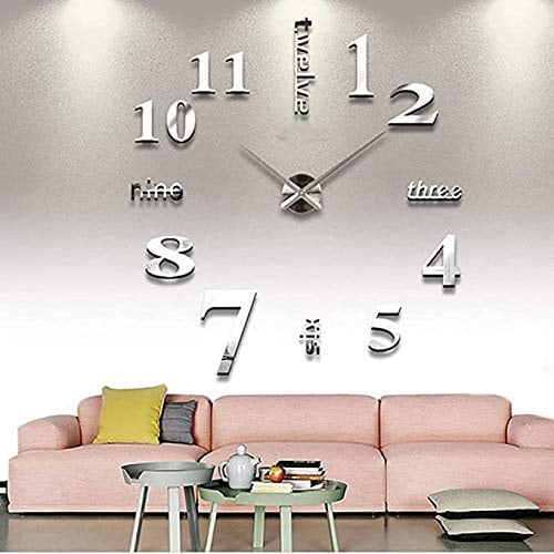 LZYMSZ Large 3D Wall Clock, Modern Mute DIY Frameless Numbers (Silver) | EVA foam & acrylic mirror, waterproof, self-adhesive, 100cm/39.37, mute, for living room/bedroom/office