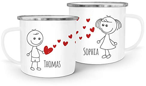 SpecialMe® Emaille-Tasse mit Namen Liebes-Paar Strichmännchen Liebesgeschenke personalisierbare Geschenke (1 Tasse) weiß-metall Emailletasse