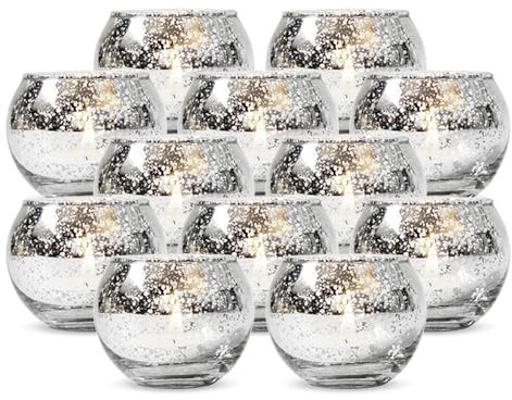 12 Pièces Porte-Bougie Votif Rond en Mercure - Fait de Verre au Mercure avec Une Finition Argent Mouchetée - pour Vos Décorations de Mariage ou Votre Décor à la Maison