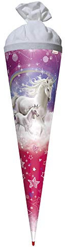 ROTH Schultüte Einhorn im Sternenhimmel Glitter 70 cm groß - rund Rot(h)-Spitze mit Filzverschluss - Zuckertüte Einhorn Regenbogen Sterne Glitzer
