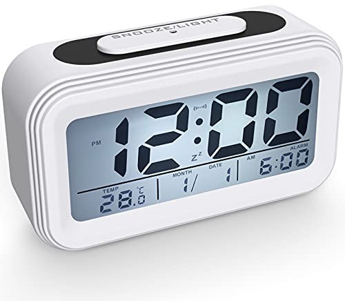 Coolzon Réveil Digital Réveil Matin, Horloge Numérique à Pile Silencieux pour Enfants Adultes Grand écran LED Température Calendrier, Reveil de Voyage avec Veilleuse Snooze Fonction, Blanc