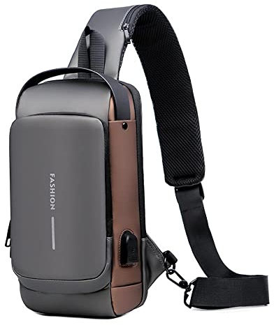 Borsa a tracolla antifurto, zaino a spalla, zaino leggero sul petto con porta di ricarica USB, adatto per ipad da 9,7 '', Grigio, 13 in x 7.1 in x 3.5 in, Zaini Daypack