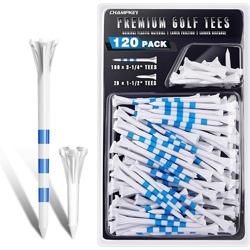 CHAMPKEY Advanced 5-Prong Plastic Golf Tees 120 or 100 Pack - 50% Ball Contact Surface Optimization with Longer Distance Performance Golf Tees Plastic(White-Assorted Pack,3-1/4(120 Assorted Pack))