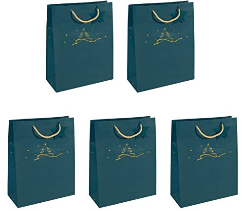 Sigel GT034/5 große Papier-Geschenktüten 33 x 26 cm, 5er Set, petrolblau, Christmas tree, Papier-Geschenktaschen Weihnachten