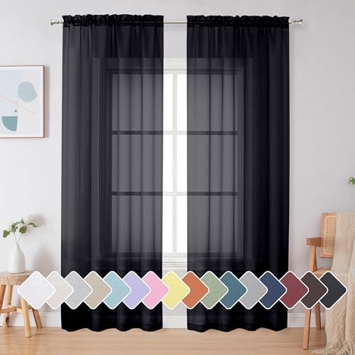 Simplebrand Black Sheer Curtains 84 Inches Long, Light Filtering Rod Pocket Solid Color Window Sheer Curtain Panels, Elegant Curtains & Drapes for Living Room, Bedroom 2 Panels (Black, 42 W x 84 L)
