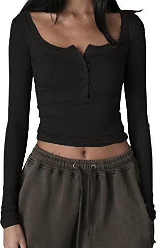YILEEGOO Women's Casual Y2K Button Long Sleeve Slim Fit Tops Shirt Round Neck Tee Short Tops T-Shirt (Button-Black, M)